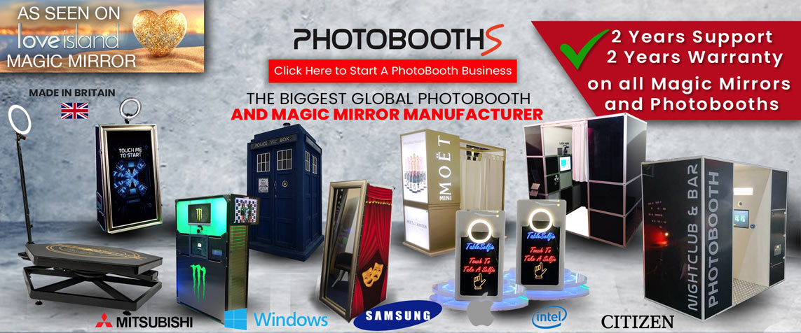 Photobooths Image showing 360 Photobooth, Magic Mirror, Table Photo Booth, traditional oval booth and more